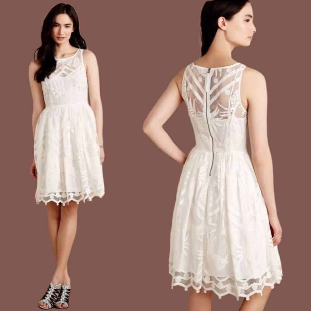 Anthropologie Maeve Pineapple Lace Fit And Flare Dress Sleeveless Size 4 Ivory
